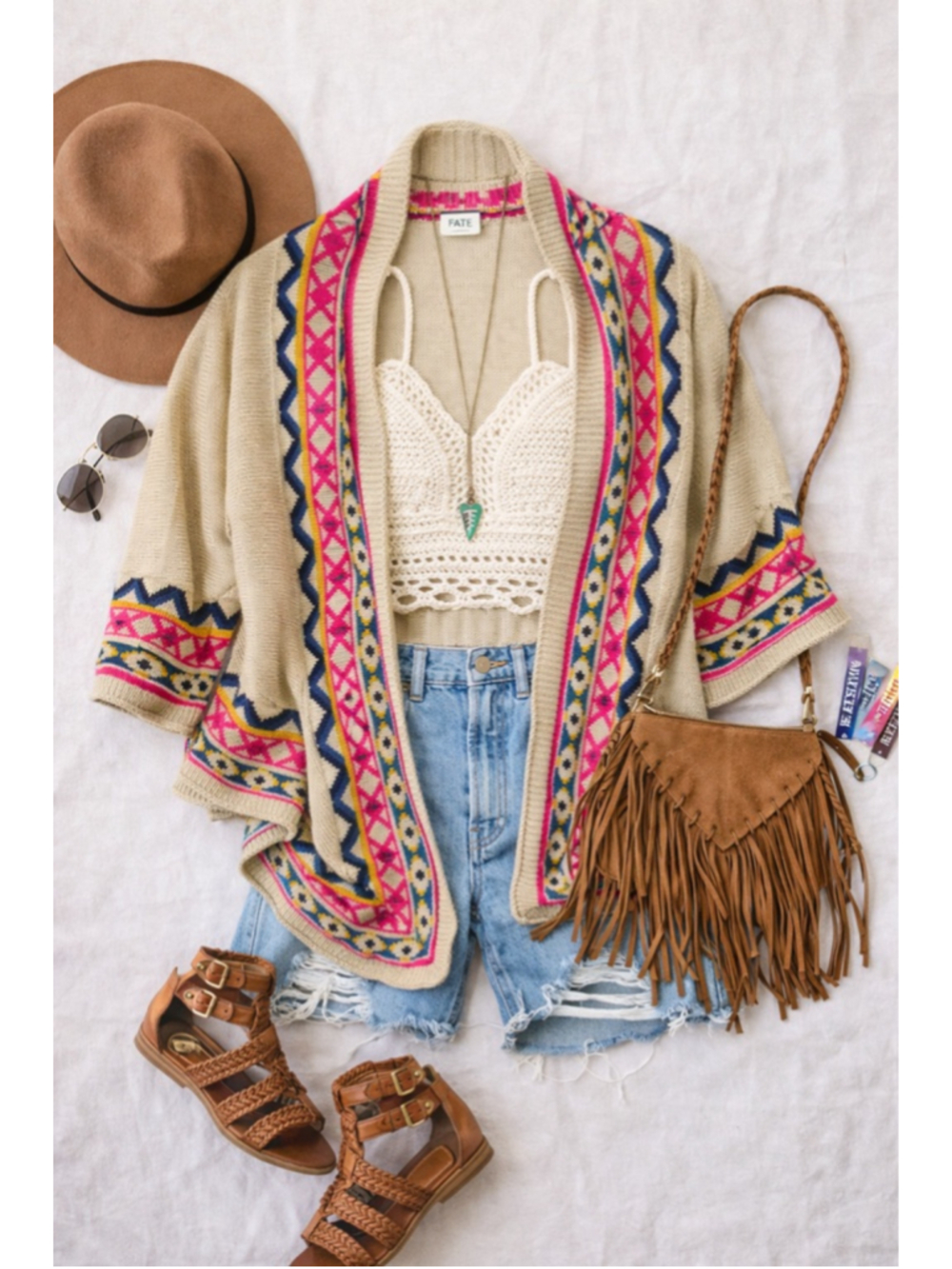 FATE Boho Open Front Knit Cardigan Beige Pink Aztec Tribal Pattern One Size